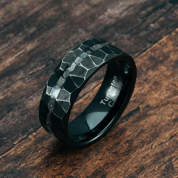 100S JEWELRY Men's Rustic Black Tungsten Ring with Meteorite Inlay Hammered Finish Wedding Band for Both Men Women Sizes 6-16
