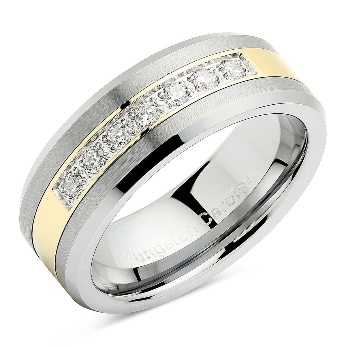100S JEWELRY Tungsten Rings for Men Women Wedding Band Two Tone Gold Silver Cz Inlay Size 6-16
