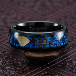 Black Tungsten Rings for Men Watch Gear Blue Carbon Fiber Inlaid  Wedding Band Promise Engagement Anniversary Size 6-16