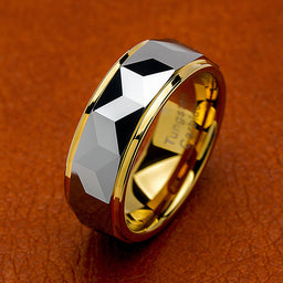 100S JEWELRY Tungsten Rings for Men Women Wedding Band Polished Facet Cut Gold Step Edge Sizes 6-16