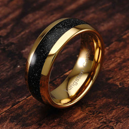 100S JEWELRY Tungsten Ring for Men Wedding Band Black Sandstone Inlaid Gold Dome Size 6-16