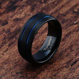 100S JEWELRY Engravable Black Dome Band Blue Double Groove Men's Tungsten Wedding Rings Size 6-16