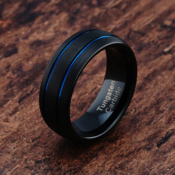100S JEWELRY Engravable Black Dome Band Blue Double Groove Men's Tungsten Wedding Rings Size 6-16