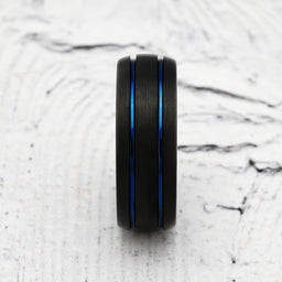 100S JEWELRY Engravable Black Dome Band Blue Double Groove Men's Tungsten Wedding Rings Size 6-16