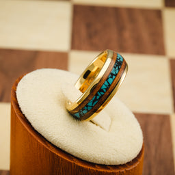 100S JEWELRY Gold Tungsten Rings For Men Turquoise & Whiskey Barrel Wood Grain Inlay Wedding Promise Engagement Band Size 6-16