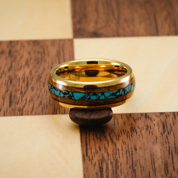 100S JEWELRY Gold Tungsten Rings For Men Turquoise & Whiskey Barrel Wood Grain Inlay Wedding Promise Engagement Band Size 6-16