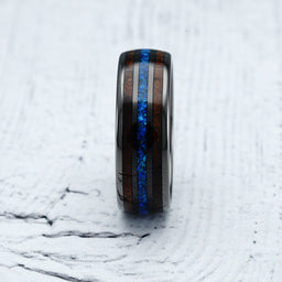 Gunmetal Tungsten Ring For Men Koa Wood Blue Opal Inlaid Wedding Band Promise Engagement Size 6-16