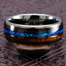 Gunmetal Tungsten Ring For Men Koa Wood Blue Opal Inlaid Wedding Band Promise Engagement Size 6-16