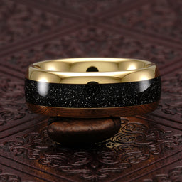 100S JEWELRY Tungsten Ring for Men Wedding Band Black Sandstone Inlaid Gold Dome Size 6-16