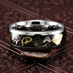 100S JEWELRY Engraved Personalized Steampunk Gear Silver Tungsten Rings for Men Women Wedding Band Promise Engagement Anniversary Size 6-16