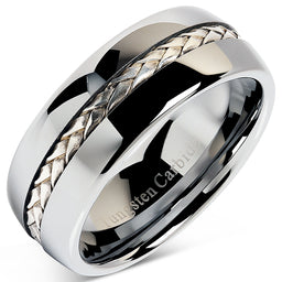 8mm Men's Tungsten Carbide Ring Silver Rope Inlay Wedding Band Size 8-16 Comfort Fit-100S JEWELRY-100S JEWELRY
