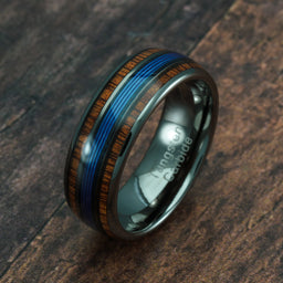 100S JEWELRY Engraved Personalized Gunmetal Blue Fishing Line Koa Wood Inlay Tungsten Rings For Men Wedding Promise Band Size 6-16