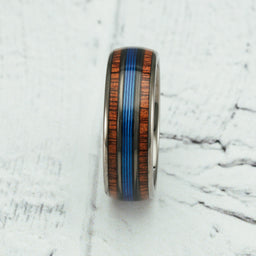 100S JEWELRY Engraved Personalized Gunmetal Blue Fishing Line Koa Wood Inlay Tungsten Rings For Men Wedding Promise Band Size 6-16