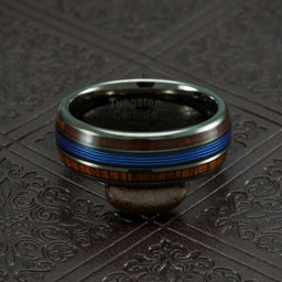 100S JEWELRY Engraved Personalized Gunmetal Blue Fishing Line Koa Wood Inlay Tungsten Rings For Men Wedding Promise Band Size 6-16