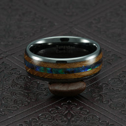 100S JEWELRY Engraved Personalized Abalone & Whiskey Barrel Wood Gunmetal Tungsten Rings For Men Wedding Promise Band Size 6-16