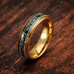 100S JEWELRY 6mm Gold Tungsten Wedding Rings for Men Women Unique Turquoise & Antler Inlay Durable Engagement, Promise, and Wedding Band - Available in Sizes 6-13
