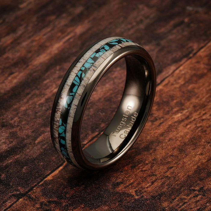 100S JEWELRY 6mm Gunmetal Tungsten Rings for Men & Women: Unique Turquoise & Antler Inlay - Durable Wedding, Engagement, Promise Band - Available in Sizes 6-13