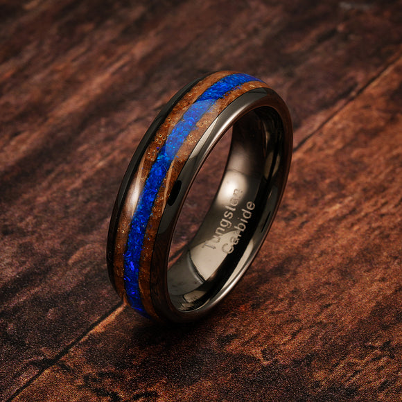 100S JEWELRY 6mm Gunmetal Tungsten Rings for Men & Women: Unique Blue Opal & Whiskey Barrel Inlay - Durable Wedding, Engagement, Promise Band - Available in Sizes 6-13