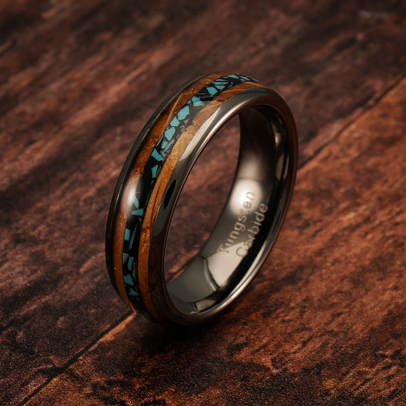 100S JEWELRY 6mm Gunmetal Tungsten Rings for Men & Women: Unique Turquoise & Whiskey Barrel Inlay - Durable Wedding, Engagement, Promise Band - Available in Sizes 6-13