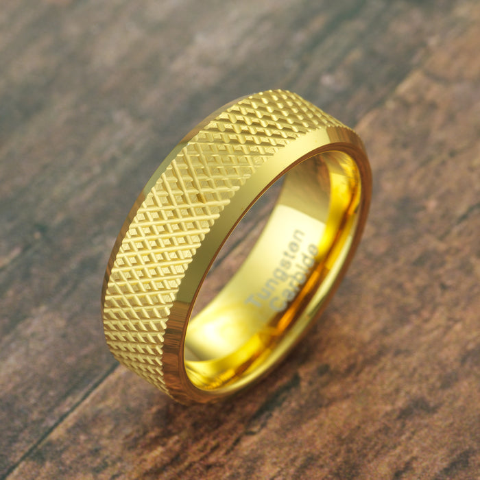 100S JEWELRY Gold Knurl Tungsten Rings with Knurling Diamond Pattern Men Wedding Band 8mm wide Hypoallergenic Size 6-16