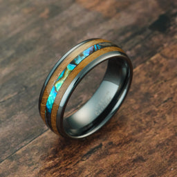 100S JEWELRY Engraved Personalized Abalone & Whiskey Barrel Wood Gunmetal Tungsten Rings For Men Wedding Promise Band Size 6-16