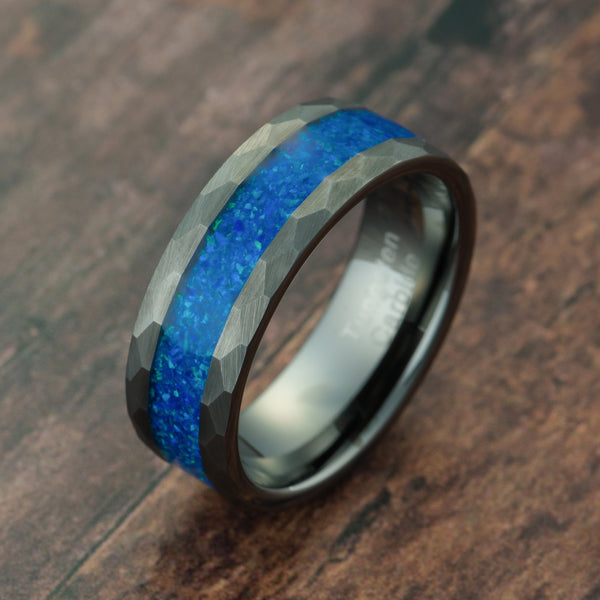 100S JEWELRY Gunmetal Gray Hammered Tungsten Ring For Men Male Him Blu