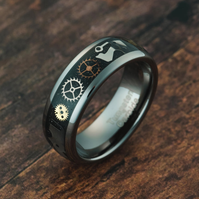 gear ring jewelry Gunmetal Gray Steampunk Rings For Men Real Gear Inlay Tungsten - Size 6-16 - 11.5