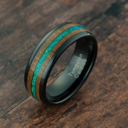 100S JEWELRY Black Tungsten Rings For Men Whiskey Barrel & Green Opal Wedding Promise Engagement Band Size 6-16