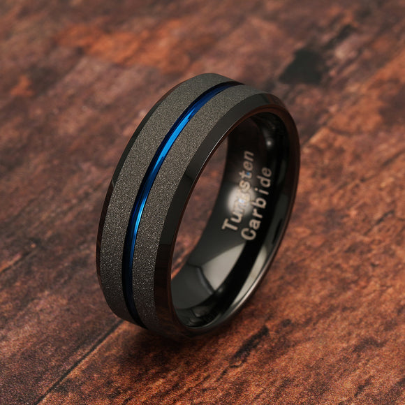 100S JEWELRY Black SandBlast Finish Beveled Edge Thin Blue Center Line Tungsten Rings For Men Women Wedding Promise Engagement Band Sizes 6-16