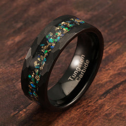100S JEWELRY Tungsten Rings For Men Galaxy Opal Gold Foil Inlay Black Hammered Finish Wedding Engagement Promise Band Sizes 6-16