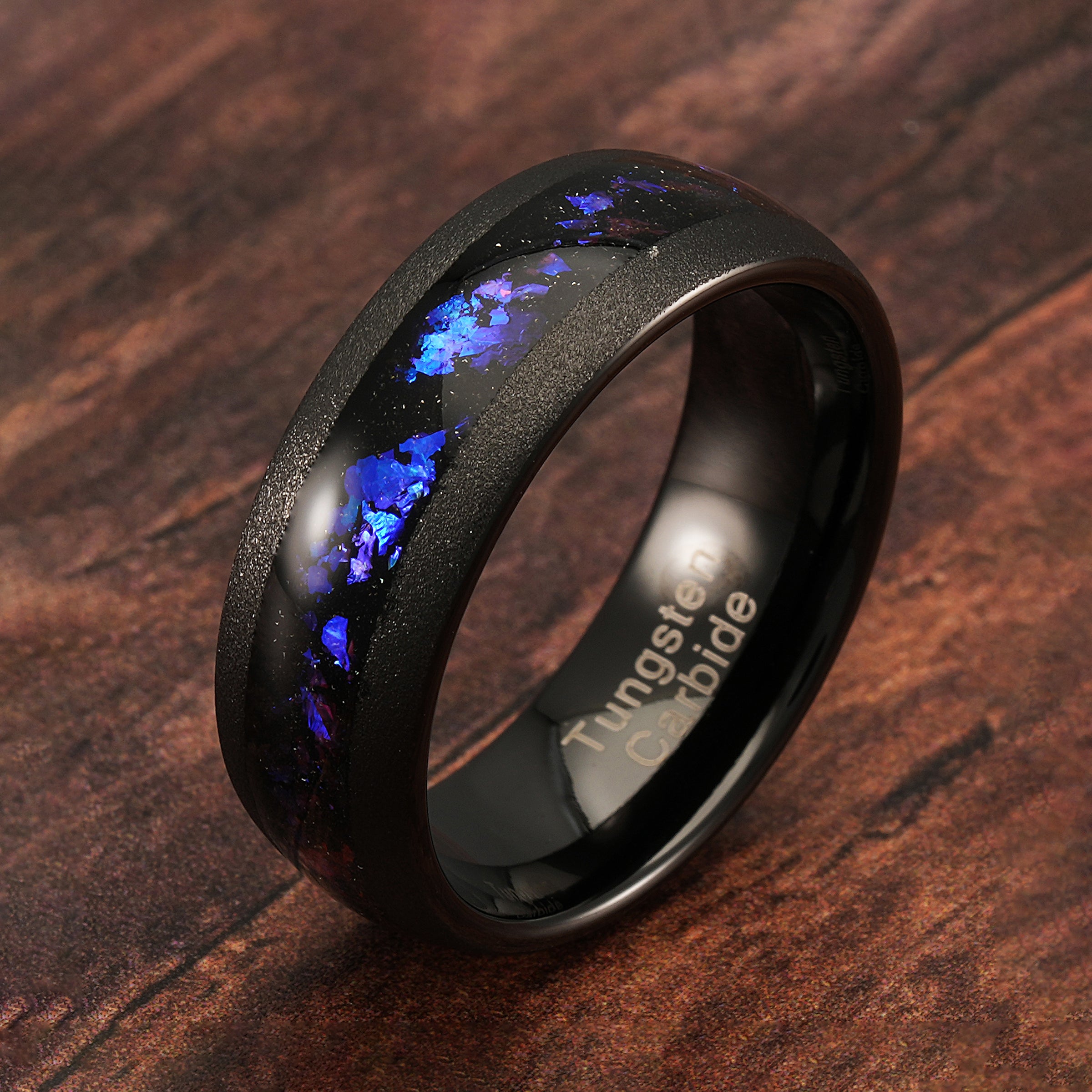 thumbnail image 2 of 8mm Black Tungsten Celestial Galaxy Crushed Opal Men's Wedding Band – Tommyway Jewelry 2 of 6