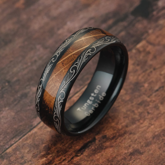 100S JEWELRY Tungsten Rings For Men Women Whiskey Barrel Wood Inlay Vintage Baroque Frame Leaf Black Wedding Engagement Promise Band Sizes 6-16