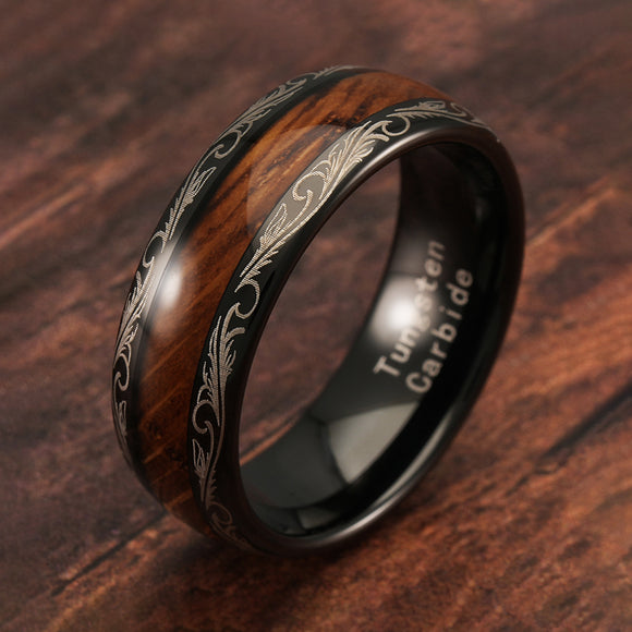 100S JEWELRY Tungsten Rings For Men Women Whiskey Barrel Wood Inlay Vintage Baroque Frame Leaf Black Wedding Engagement Promise Band Sizes 6-16