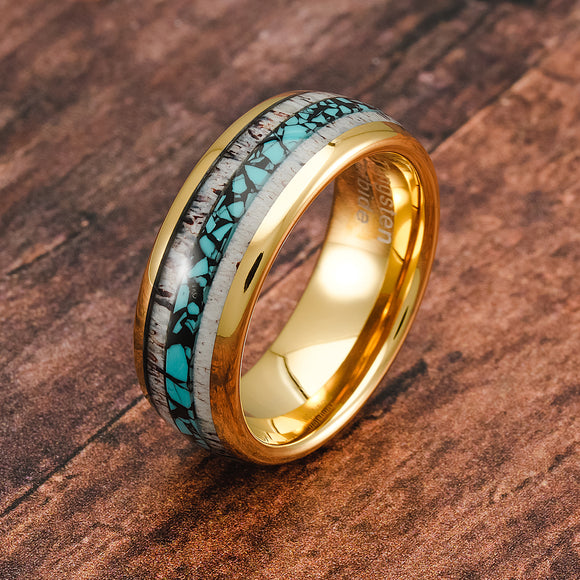 100S JEWELRY Gold Tungsten Rings For Men Turquoise & Elk Antler Inlay Wedding Promise Engagement Band Size 6-16