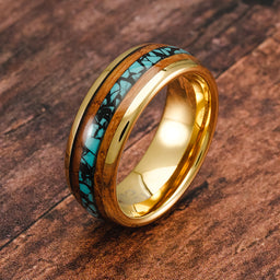100S JEWELRY Gold Tungsten Rings For Men Turquoise & Whiskey Barrel Wood Grain Inlay Wedding Promise Engagement Band Size 6-16