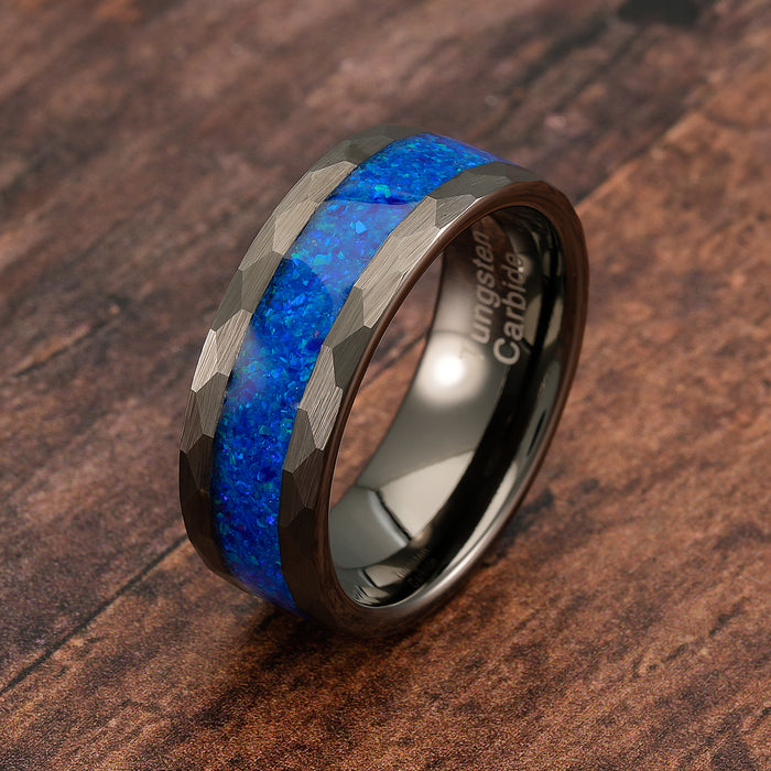 100S JEWELRY Gunmetal Gray Hammered Tungsten Ring For Men Male Him Blue Opal Inlay Wedding Band Promise Engagement Size 6-16