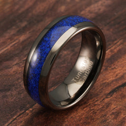 100S JEWELRY Gunmetal Tungsten Rings for Men, Blue Lapis Lazuli Inlay, Dome Shape, Wedding Engagement Promise Band, Sizes 6-16