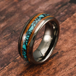 100S JEWELRY Gunmetal Gray Tungsten Rings For Men Turquoise & Whiskey Barrel Wood Grain Inlay Wedding Promise Engagement Band Size 6-16