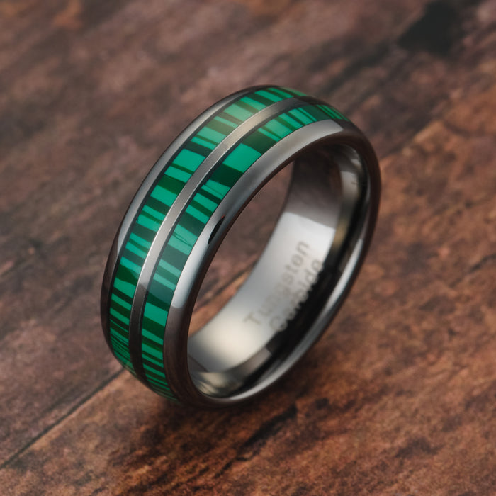 100S JEWELRY Engraved Personalized Gunmetal Tungsten Rings For Men Malachite Inlay Wedding Promise Band Size 6-16