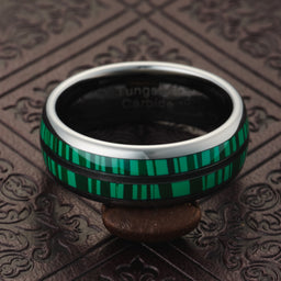 100S JEWELRY Engraved Personalized Gunmetal Tungsten Rings For Men Malachite Inlay Wedding Promise Band Size 6-16