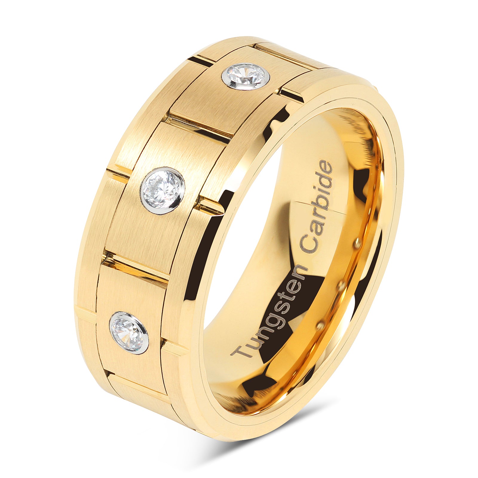 Tungsten Rings for Mens Gold Wedding Bands 3 CZ Inlaid Size 8 15
