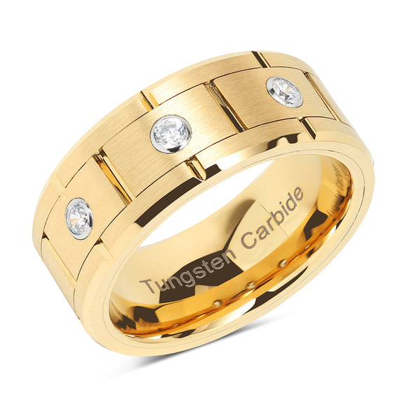 Tungsten Rings for Mens Gold Wedding Bands 3 CZ Inlaid Jewerly Size 8-15-100S JEWELRY-100S JEWELRY