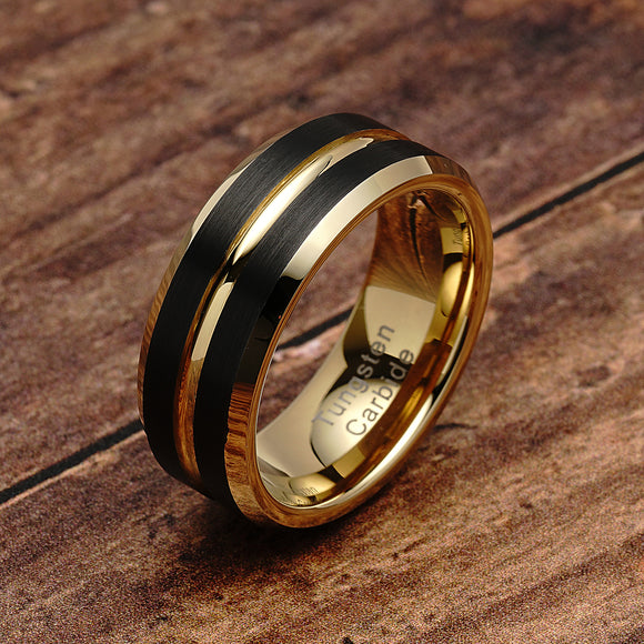 100S JEWELRY Tungsten Rings for Mens Wedding Bands Black Matte Gold Grooved Center Size 6-16