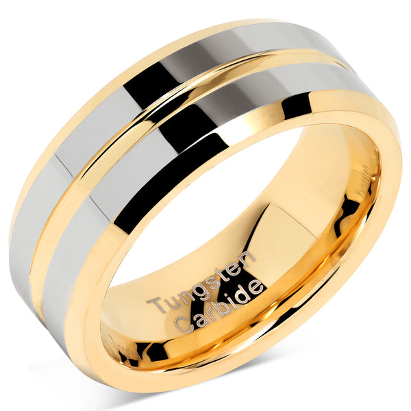 100S JEWELRY Tungsten Rings for Mens Wedding Bands Gold Silver Two Tone Grooved Center Line Size 6-16