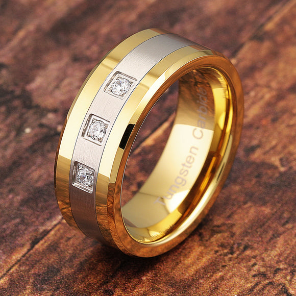 100S JEWELRY Tungsten Rings for Men Gold Silver Crystal Wedding Bands Two Tone 3 CZ Stone Promise Marriage Size 8-16