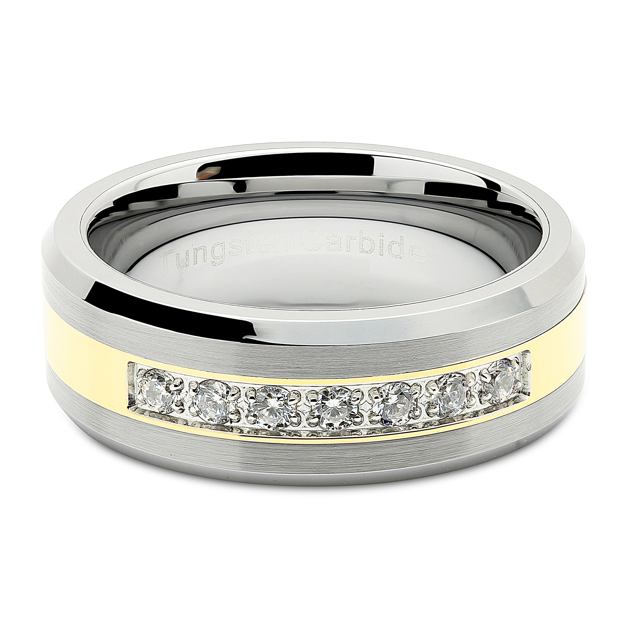 Tungsten Ring for Men Women Wedding Band Two Tone Gold Silver Cz Inlay