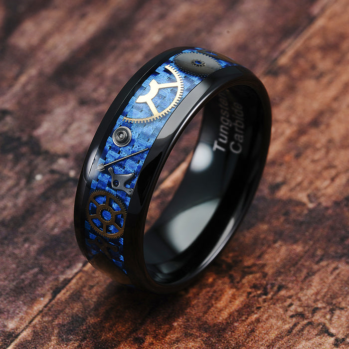 Black Tungsten Rings for Men Watch Gear Blue Carbon Fiber Inlaid  Wedding Band Promise Engagement Anniversary Size 6-16