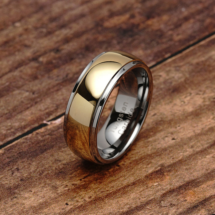 100S JEWELRY Tungsten Men Wedding Band Two Tones Gold Mirror Finish