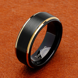 100S JEWELRY Tungsten Rings for Men Two Tone Black Gold Wedding Band Center Brushed Engagement Size 6-16