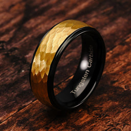 100S JEWELRY Tungsten Ring for Men Wedding Band Two Tone Black Gold Hammer Forged Size 6-16